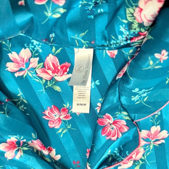 Floral Pajama Set Teal Pink Striped Sleepwear  Matching Shorts Button Up Size M - Picture 5 of 7
